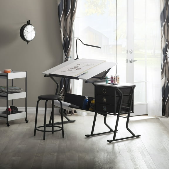 Studio Designs Eclipse Ultra Center/Drawing Table with Angle Adjustable Top, Storage Drawers with Stool 2 Piece Set