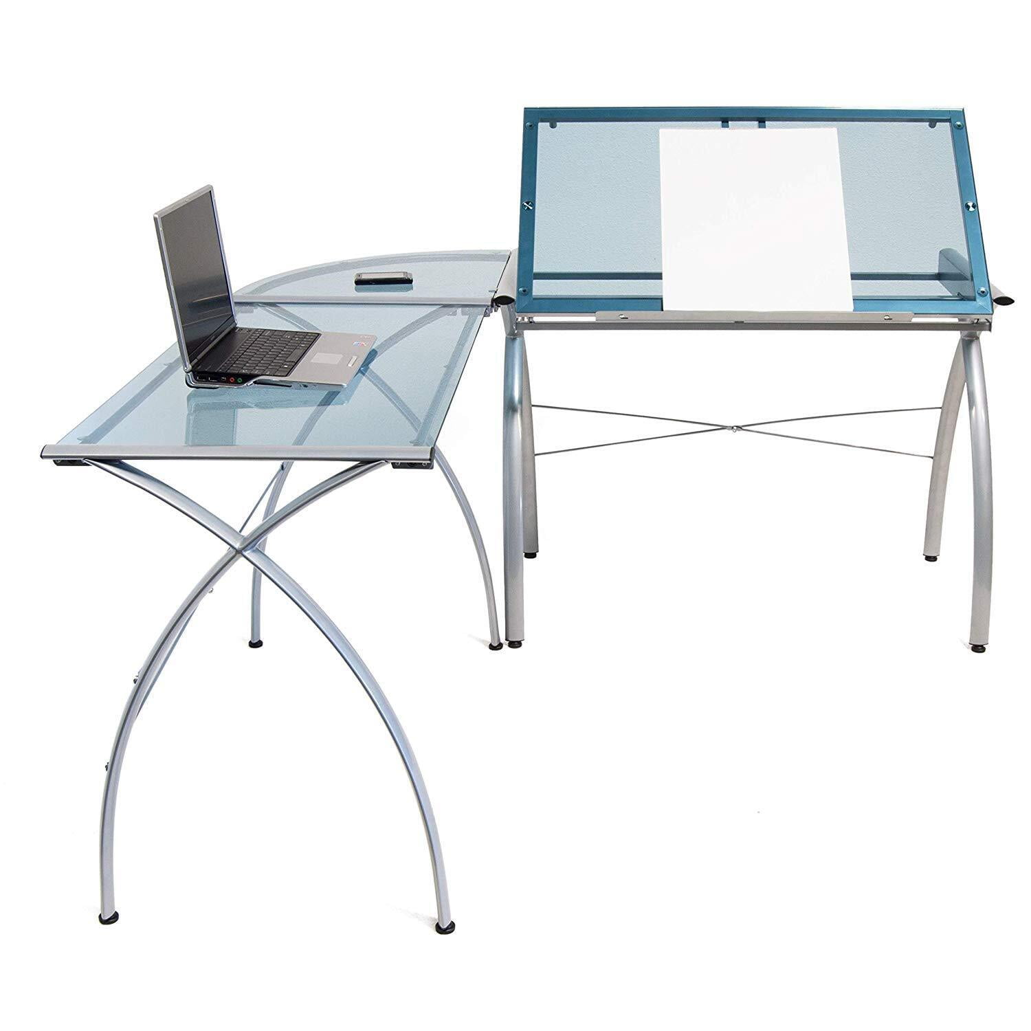 Futura L-Shaped Silver and Blue Glass Drafting Desk
