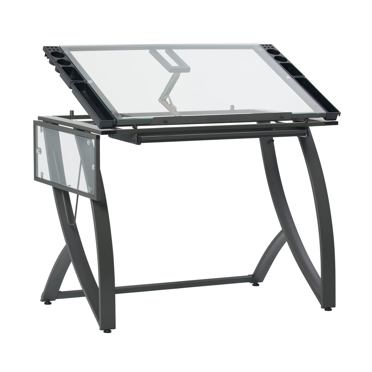 Pewter Grey Glass and Metal Drawing Craft Table with Drawer