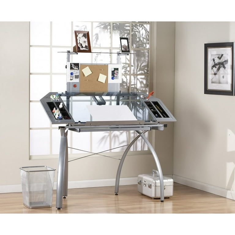 Studio Designs Futura Metal and Glass Corner Drafting Table with Cork Board and Storage in Silver