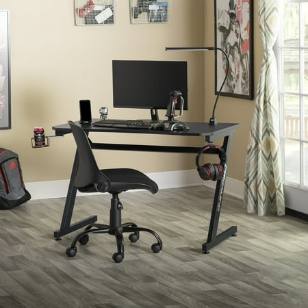 SD Gaming - Gear PC Gaming Desk with Built-in Charging Station, Heaphone and Cup Holder - Black