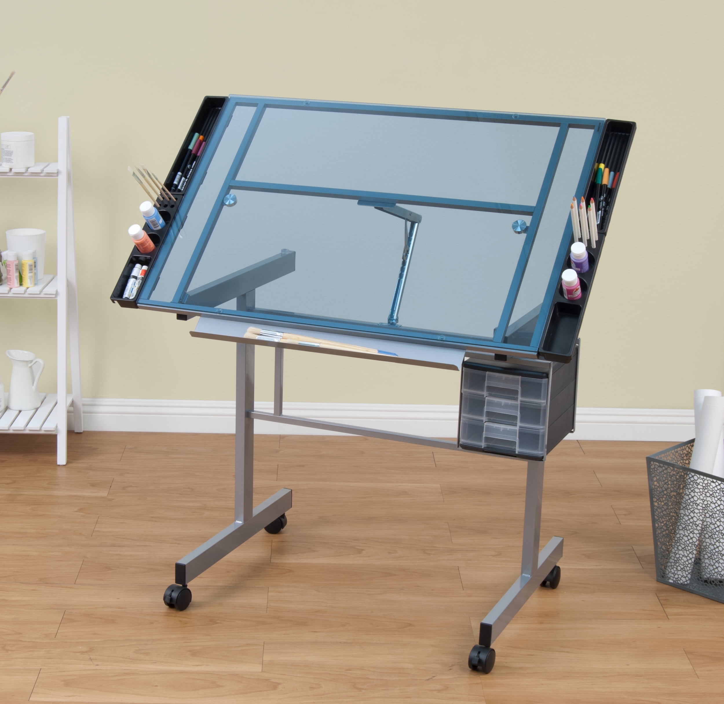 Silver-Blue Tempered Glass Craft & Drawing Desk with Adjustable Angle