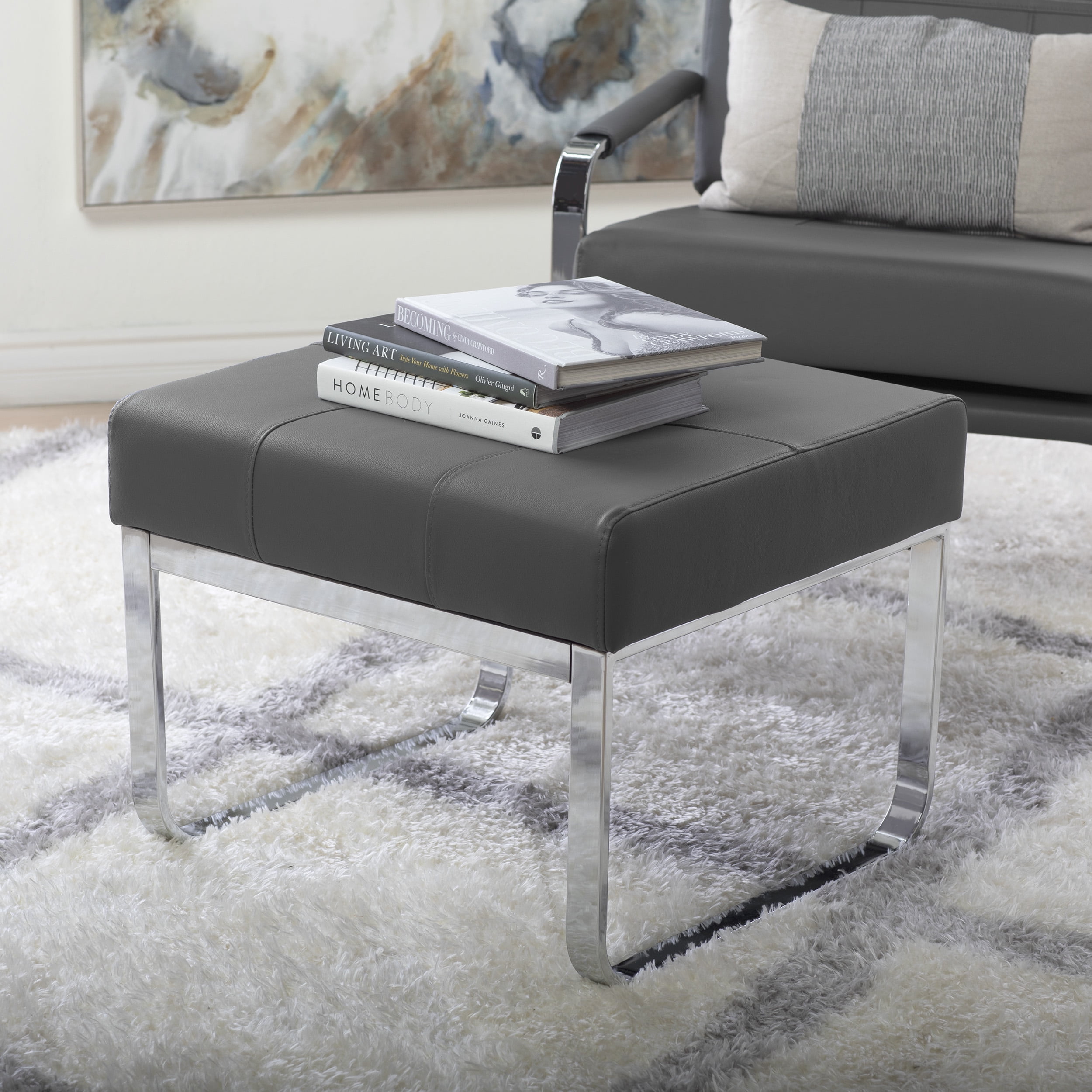 Rectangular Smoke Gray Chrome Blended Leather Ottoman