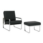 Studio Designs Home Allure Bonded Leather Accent Chair with Ottoman Set, Mid-Century Modern Lounge Chair & Footrest with Chrome Legs for Living Room or Office Guest Seating, Chrome / Black
