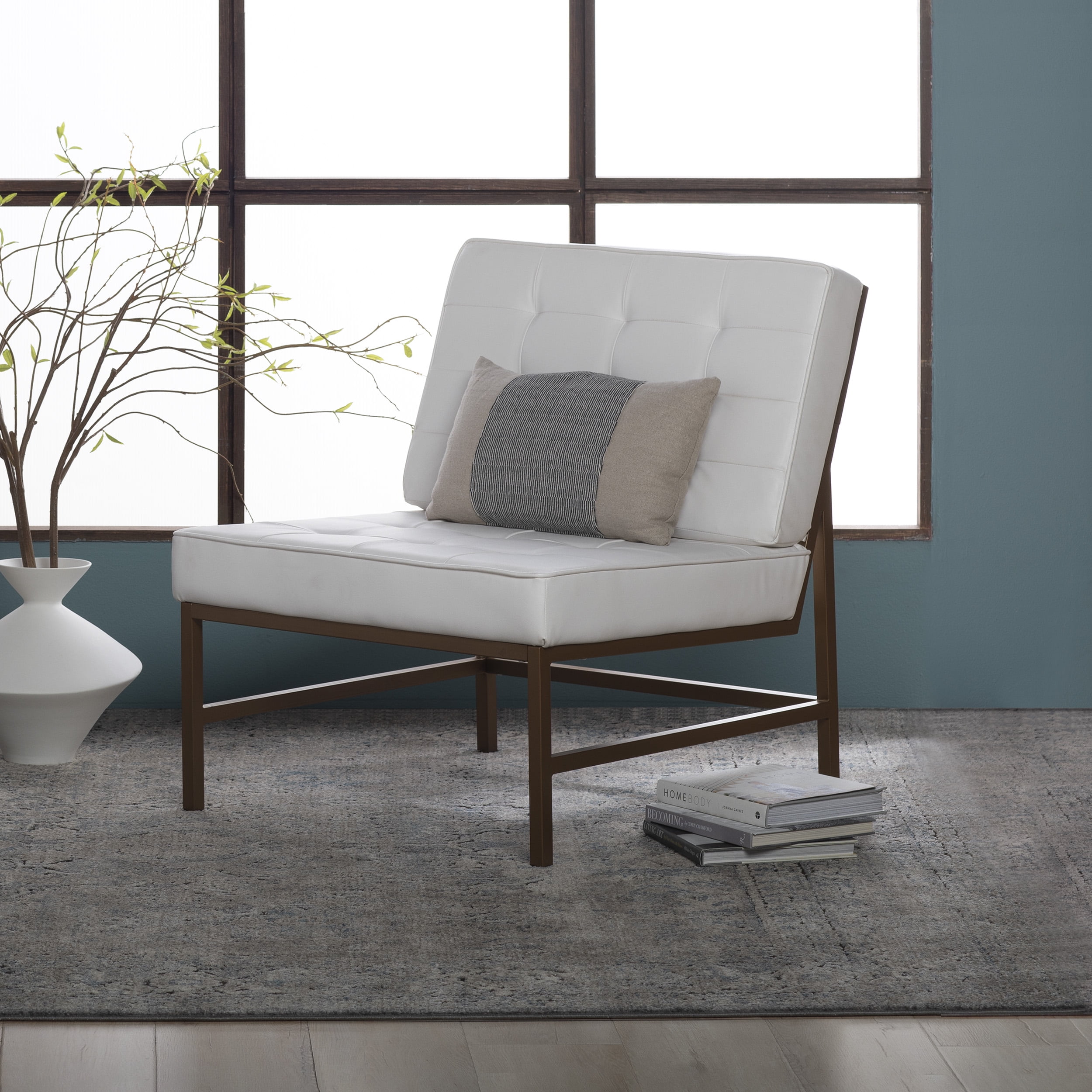 Mid-Century Modern White Leather Slipper Chair with Bronze Metal Frame