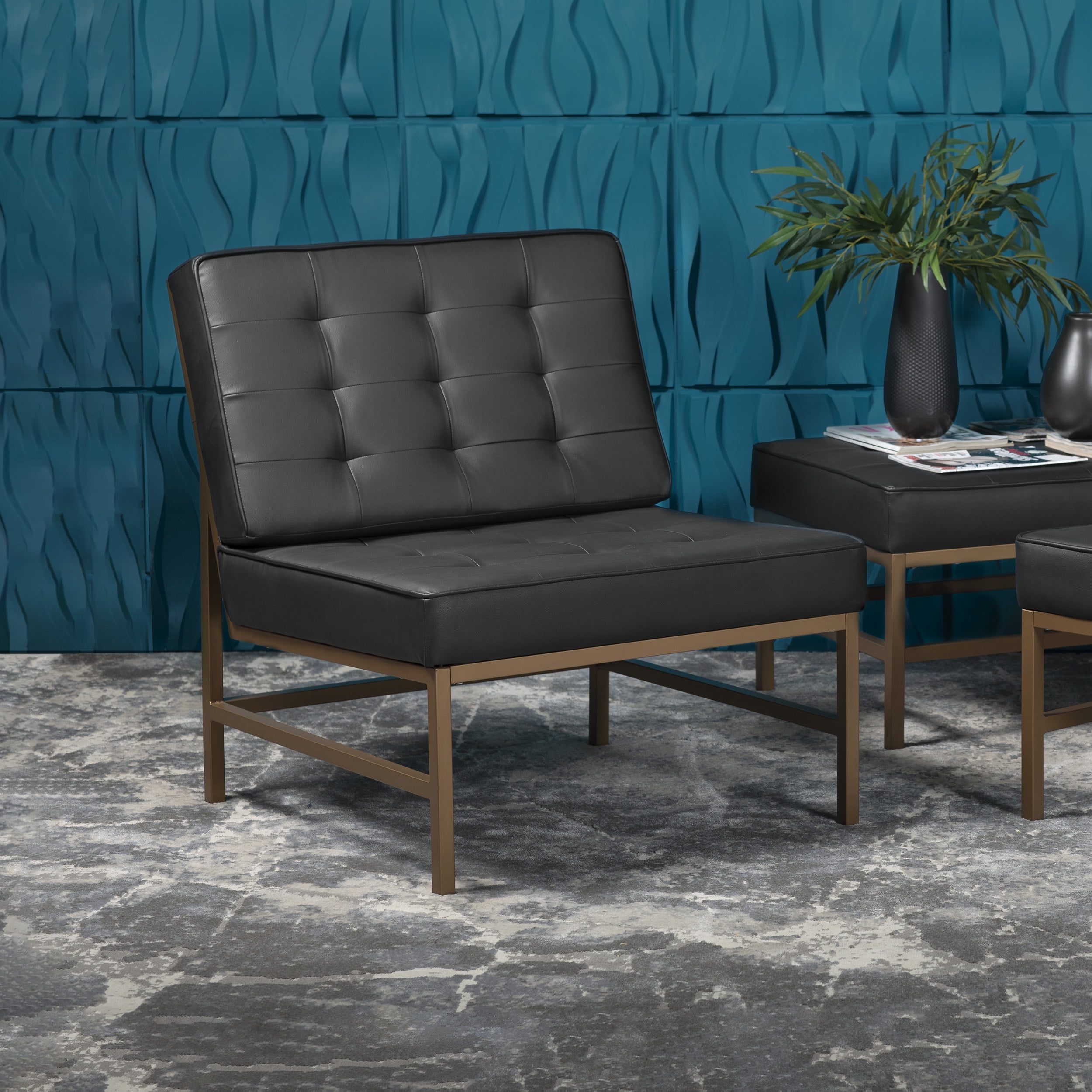 Mid-Century Modern Black Leather Slipper Chair with Metal Frame