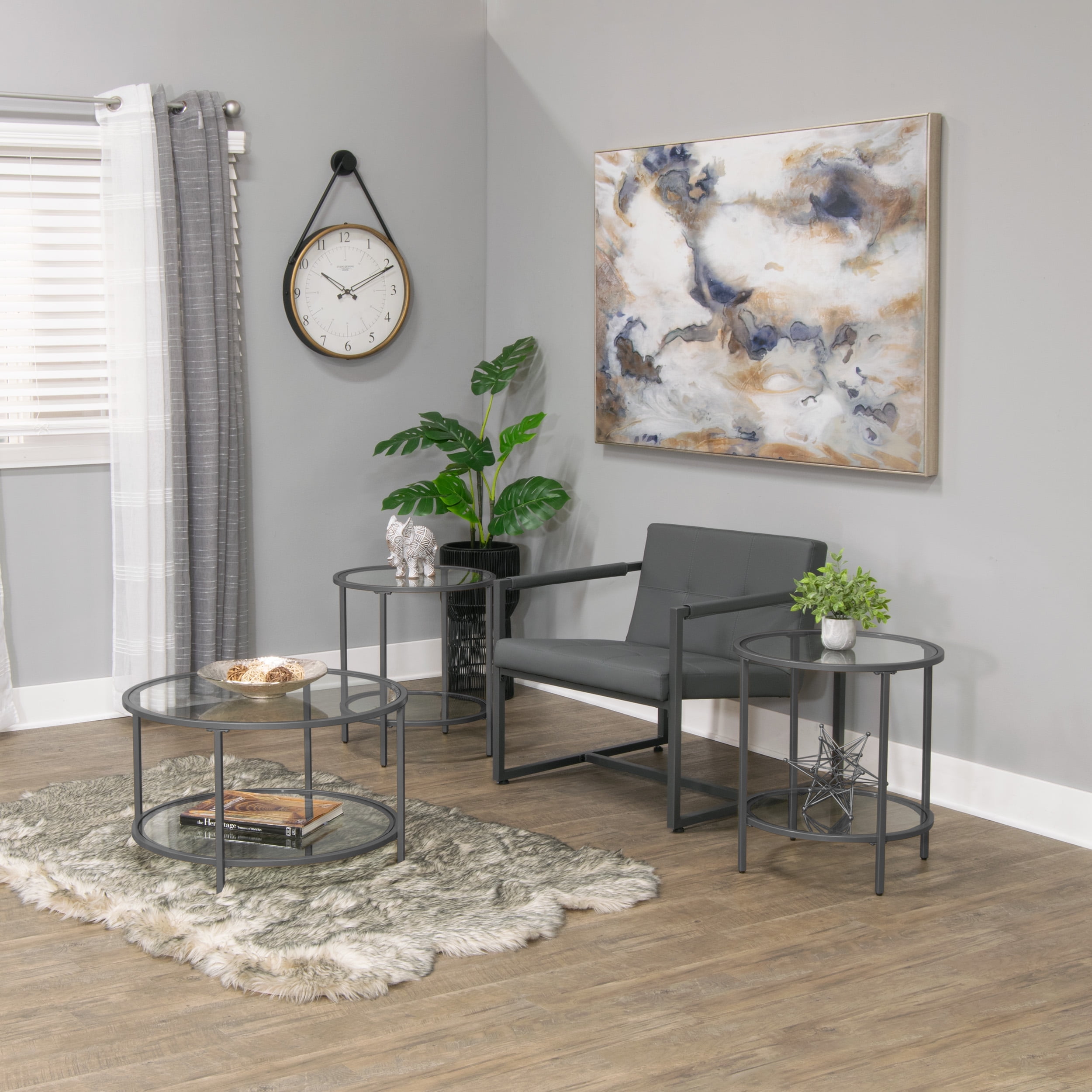 Pewter Round Glass Coffee Table with Steel Frame, 28 Inches
