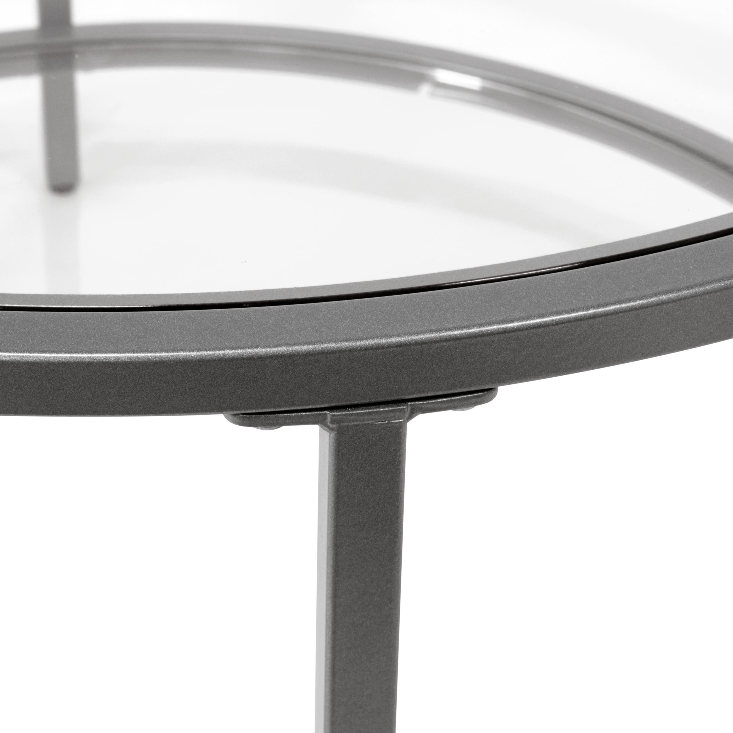 Round Pewter Metal and Glass Nesting Coffee Table Set
