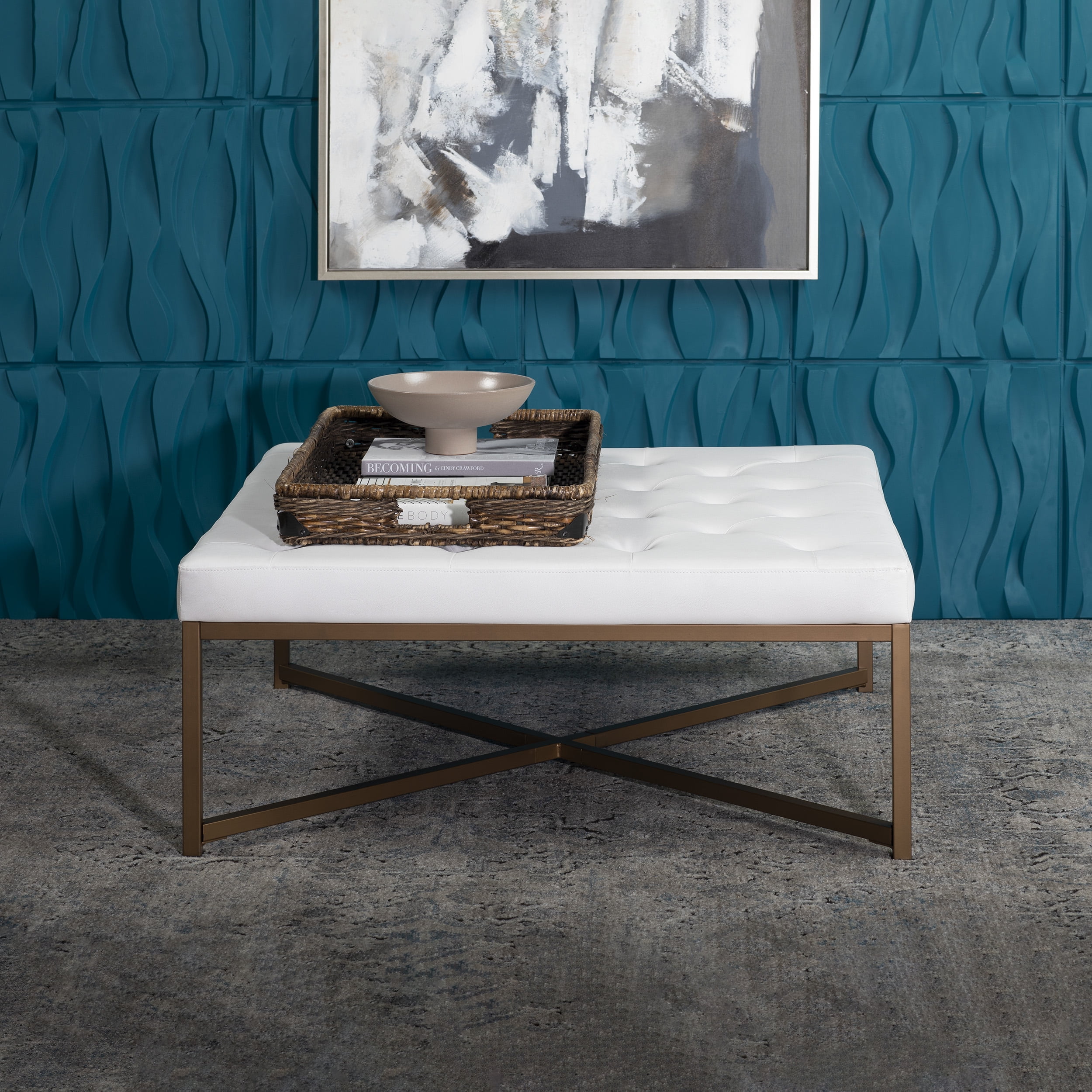 Camber Modern Large Tufted Square Ottoman - Bronze White