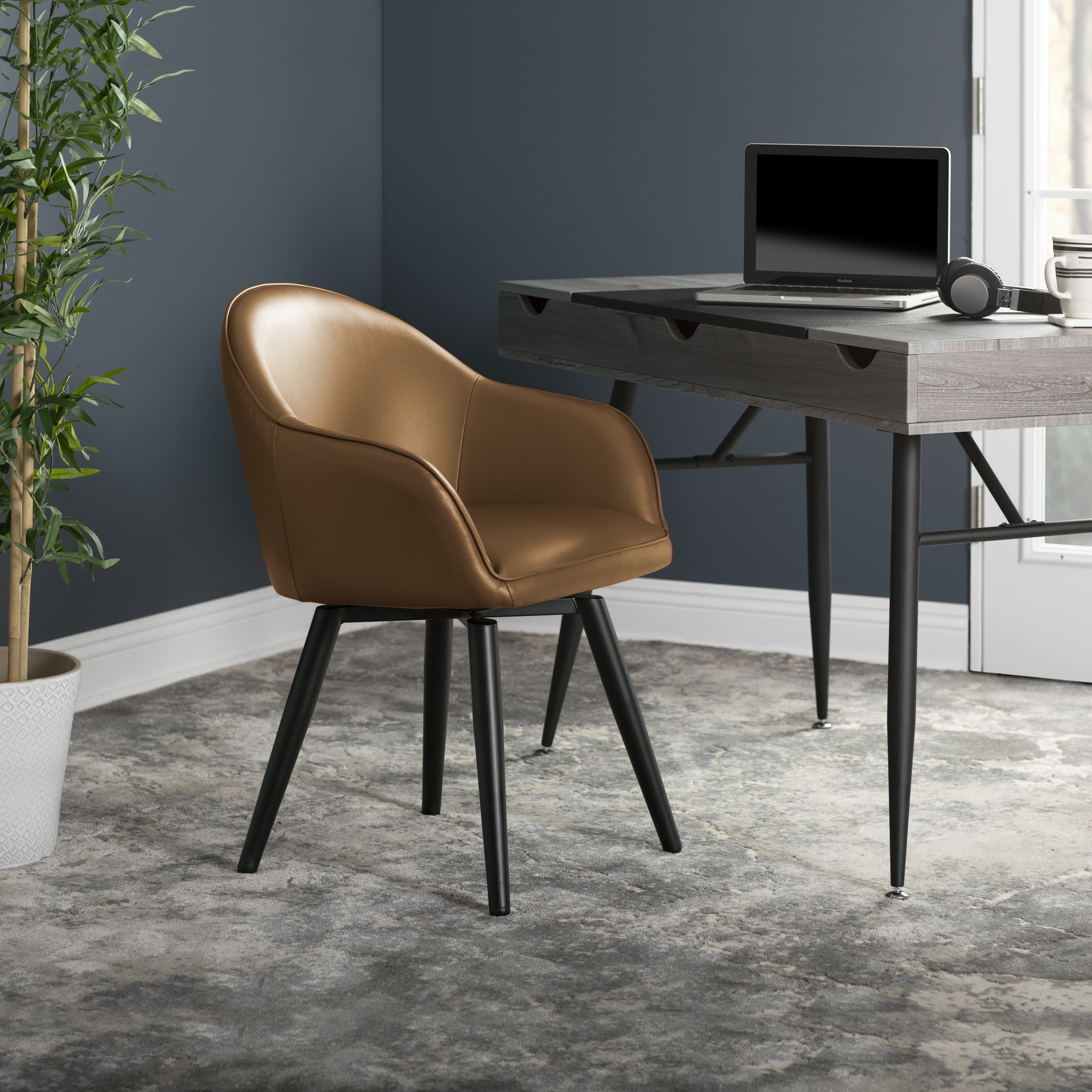 Studio Designs Home Dome Swivel Dining Office Chair with Arms Caramel Brown Blended Leahter with Metal Legs