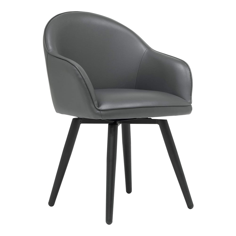 Matte Black Metal and Gray Leather Swivel Accent Chair