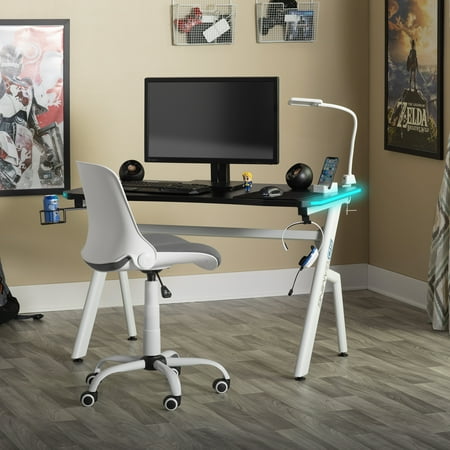 SD Gaming - Icon PC Gaming Desk with Built-in Charging Station, Mulit Color LED Lights, Headphone and Cup Holder - White