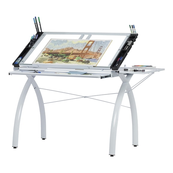 Studio Designs Futura Craft Station Drafting, Craft Table with 9.5"W Folding Shelf and 35.5" W Glass Adjustable Angle Top