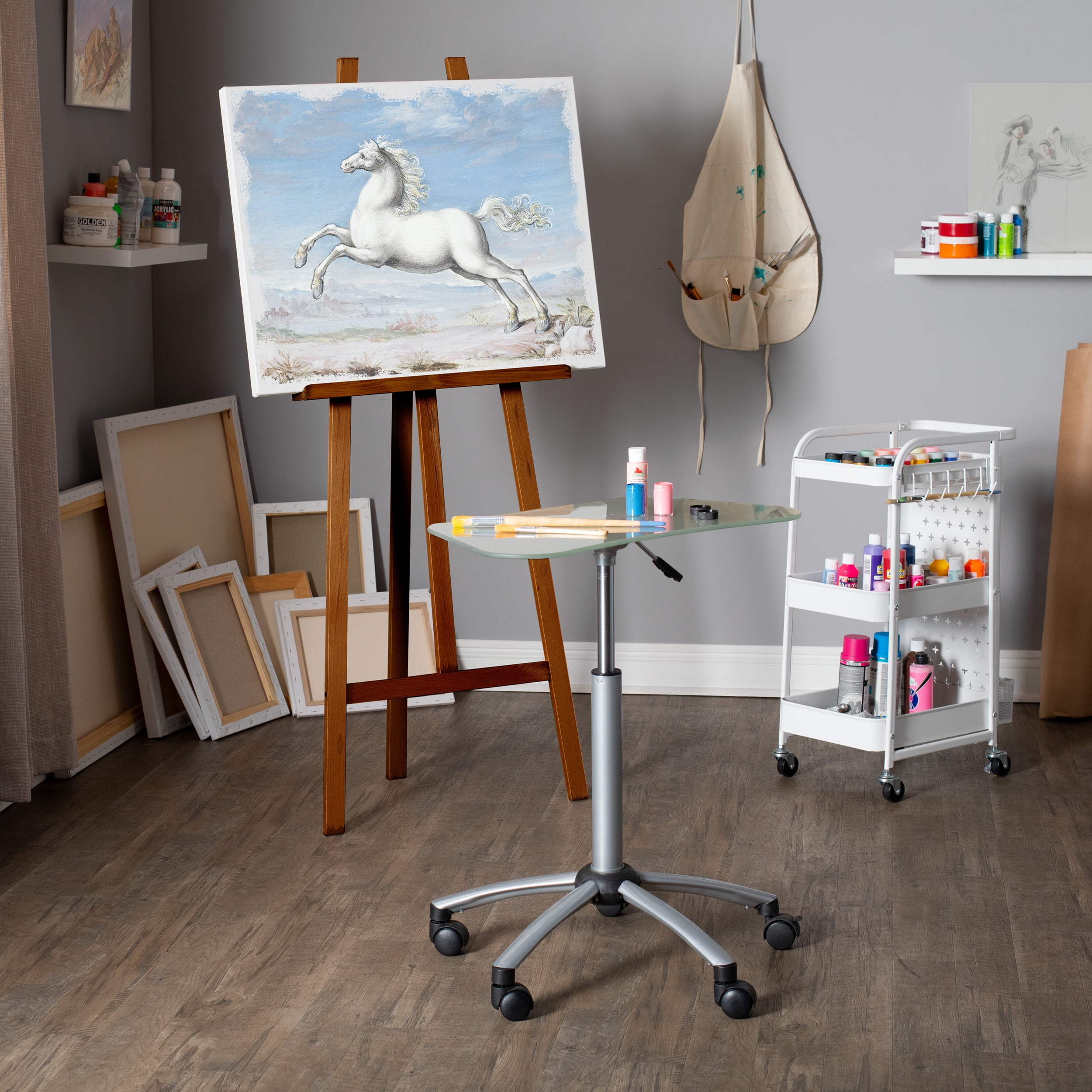 Rustic Oak Adjustable Height Museum Easel with Metal Frame