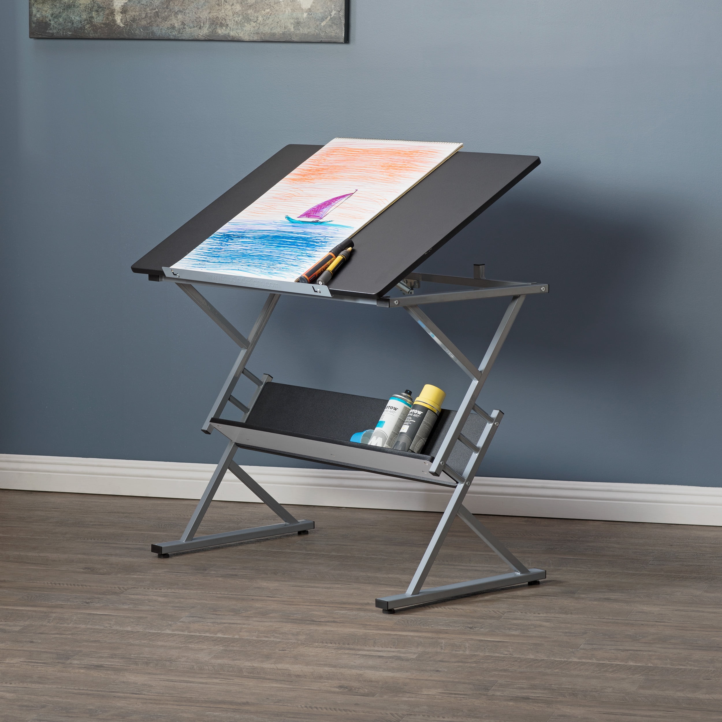 Studio Designs Prime Adjustable Top Drawing Table, in Silver / Black