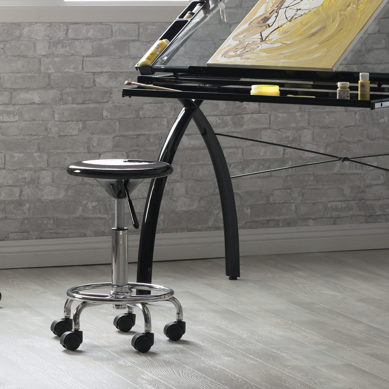 Sleek Adjustable Height Black Acrylic Studio Stool with Chrome Footring