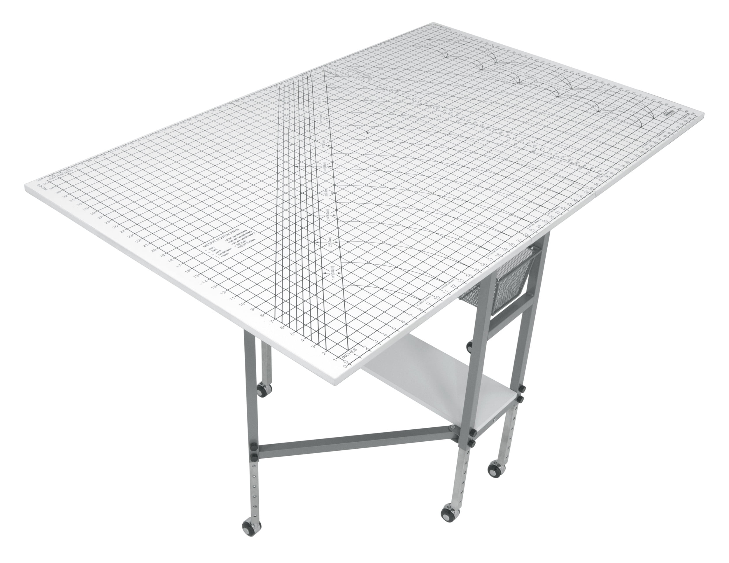 Sew Ready Mobile, Folding, Height Adjustable, Quilting, Fabric Cutting Table with Guides and Grid Top and Storage Silver/White
