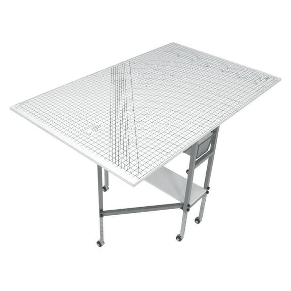 Sew Ready Mobile, Folding, Height Adjustable, Quilting, Fabric Cutting Table with Guides and Grid Top and Storage Silver/White