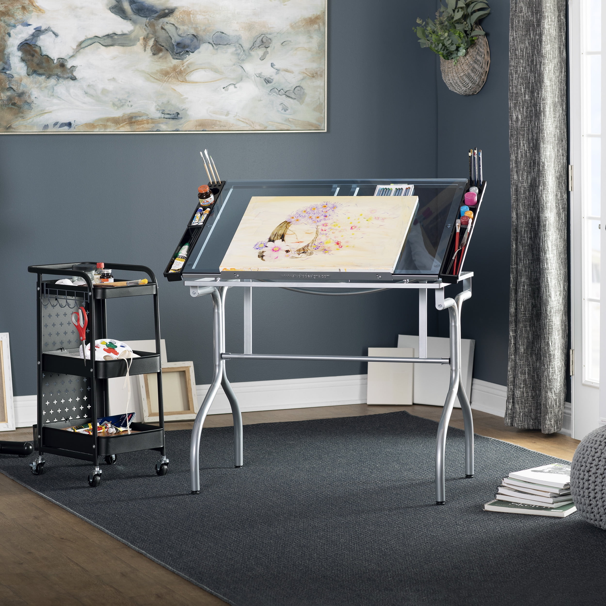 Futura 38'' Silver Frame Craft Station with Blue Tempered Glass Top