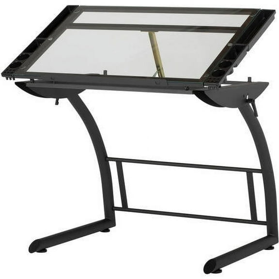 Studio Designs Triflex Hieght Adjustable Metal Frame with Glass Angle Adjustable Top Drafting Drawing Table Stand or Sit , Black/Clear Glass
