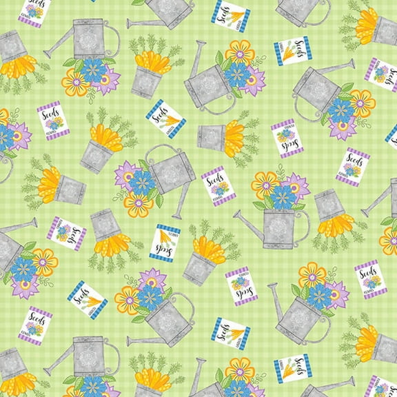 Studio E Color Happy Spring Tossed Watering Cans Multi Cotton Fabric By Yard