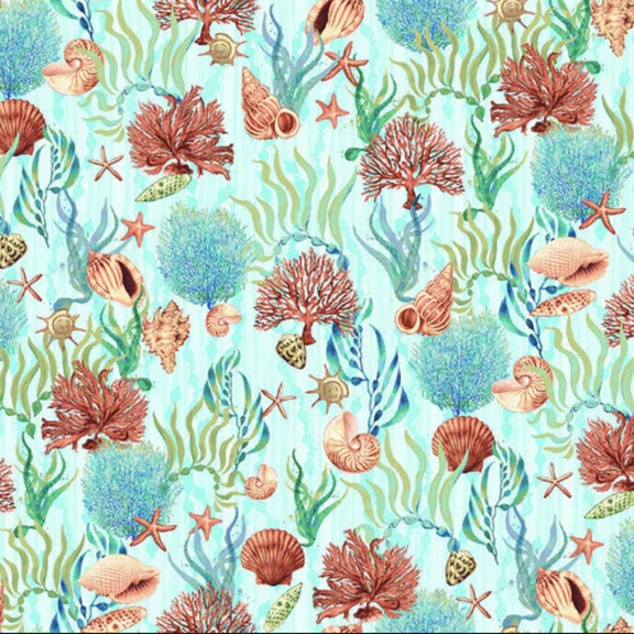 Studio E Deep Blue Shells & Coral Aqua Cotton Fabric By The Yard