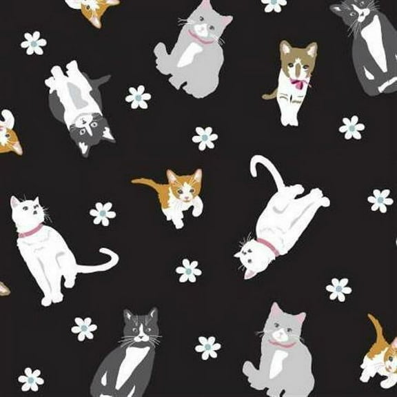Studio E Fabrics Cattitude Cats White Flowers Tossed on Black 100% Cotton Fabric sold by the yard