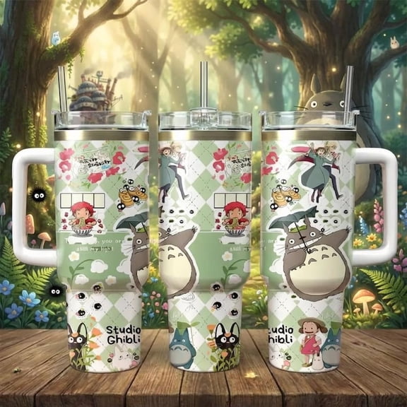 Studio Ghibli 40oz Tumbler with Handle  Totoro & Ponyo Green Gingham Tumbler | Cute Anime Insulated Travel Mug with Straw | Studio Ghibli Gift for Anime Fans