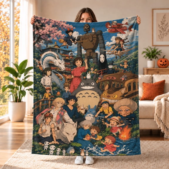 Studio Ghibli Character Collage Flannel Fleece Blanket, Anime Fantasy Adventure Cozy Throw 40x50 Inch