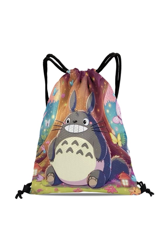 Studio of Ghibli Drawstring Gym Bag:Waterproof and perfect for hiking, yoga, swimming, beach activities, and shopping, with dimensions of 15.7*17.7 inches.