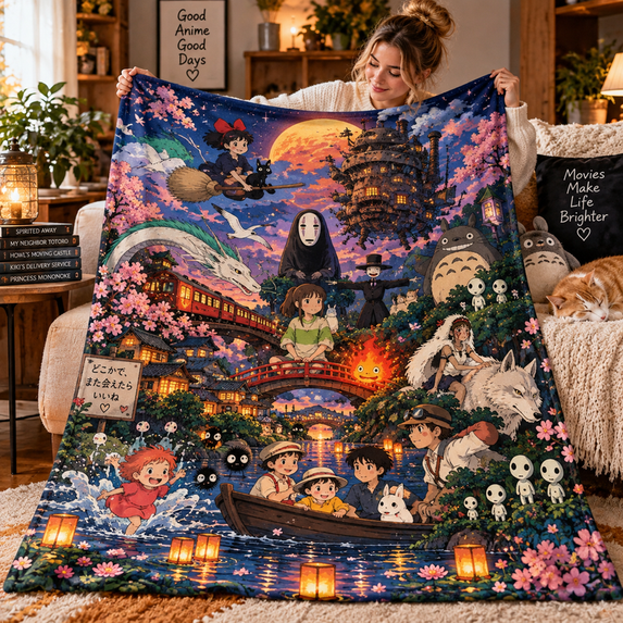 Studio Ghibli Fantasy Anime Flannel Blanket, Iconic Character Collage ...