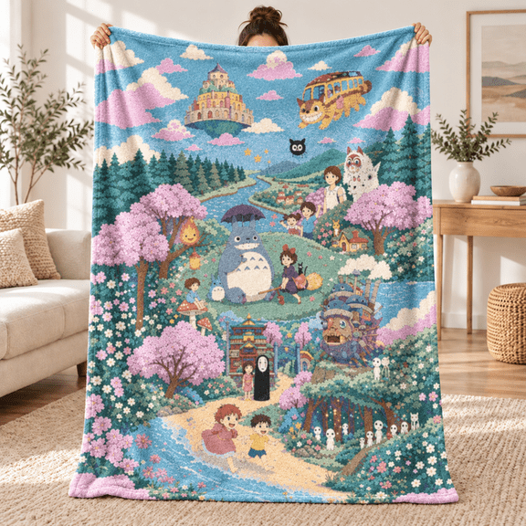 Studio Ghibli Inspired Fantasy Forest Blanket, Anime Flannel Throw, Cozy Home Decor Gift