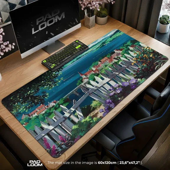 Studio Ghibli Mouse Pad, Seaside Village Anime Desk Mat, Coastal Fantasy Artwork, Large Computer Desk Pad