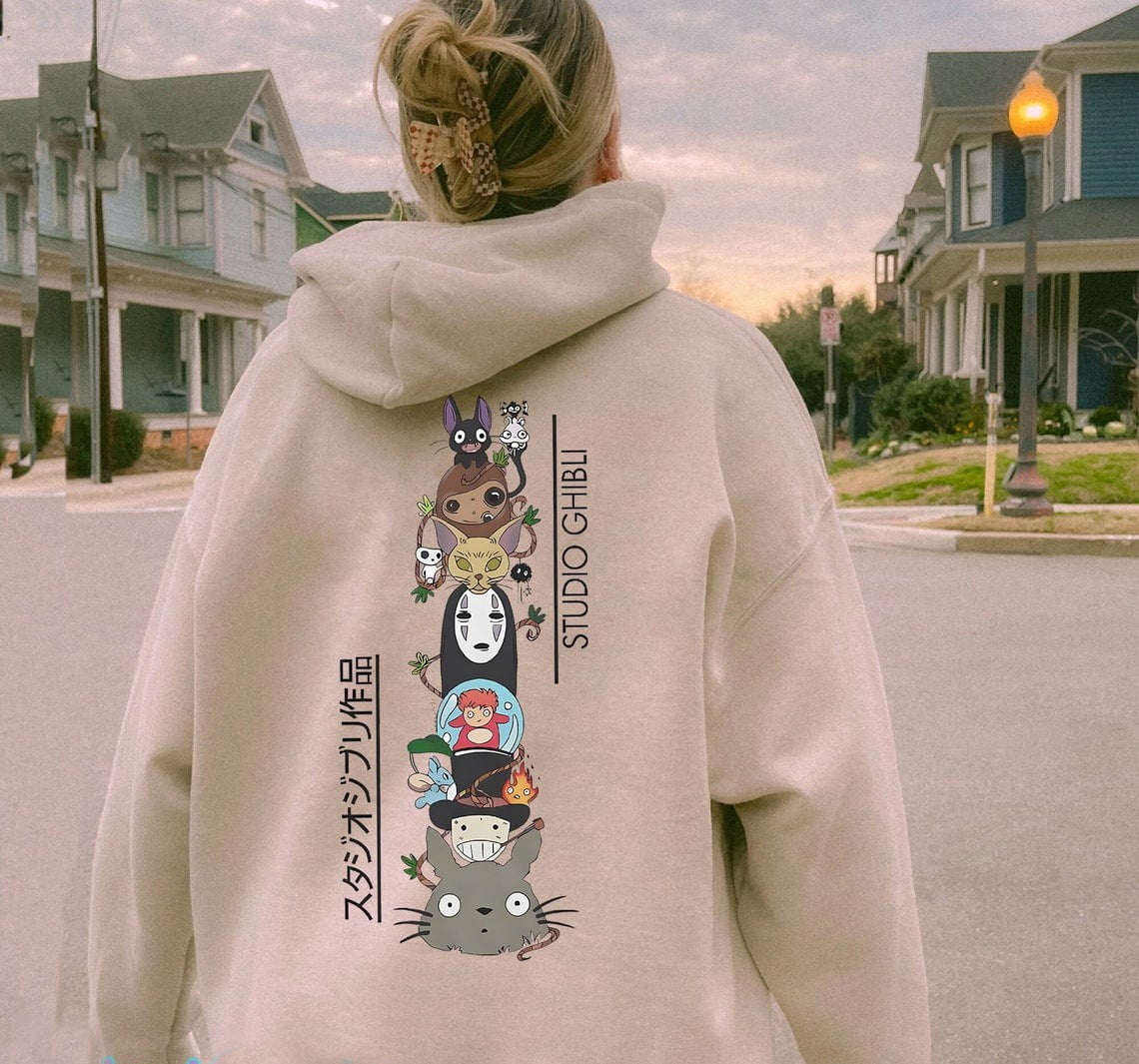Studio Ghibli Unisex Hoodie Studio Ghibli Character Shirt Retro Vintage Shirt Totoro Mononoke Hime Spirited Away Ponyo Hayao Miyazaki Sand Color Walmart