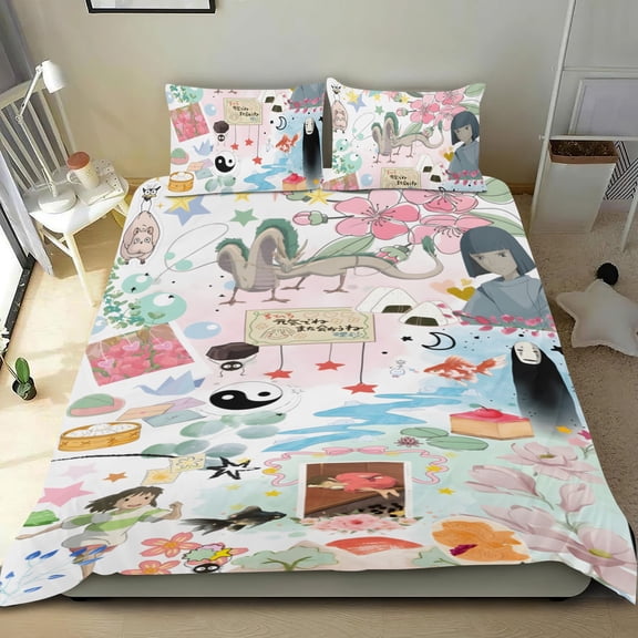 Studio of Ghibli cotton sheet set, three pieces, soft on skin, distinctive design, durable stitching, great gifts for family, friends, fans, 55x79 in (140*200 cm).
