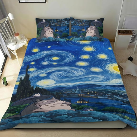 Studio of Ghibli cotton sheet set, three pieces, soft on skin, distinctive design, durable stitching, great gifts for family, friends, fans, 68x86 in (173*218 cm).