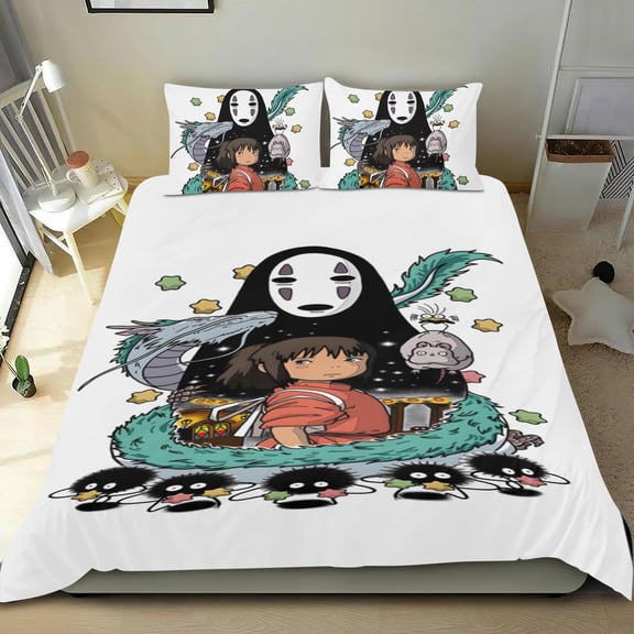 Studio of Ghibli three-piece cotton bed set, comfortable and skin-friendly, non-slip corners, distinctive design, great home decor gifts, 68x86 in (173*218 cm).