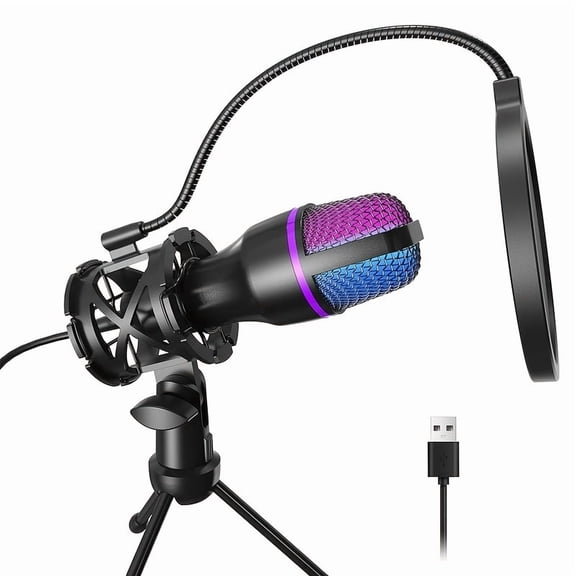 Studio-Grade USB Microphone with RGB Lighting, Tripod, And Anti-Pop Filter, Perfect for Twitch, Youtube, Discord, And Meetings.