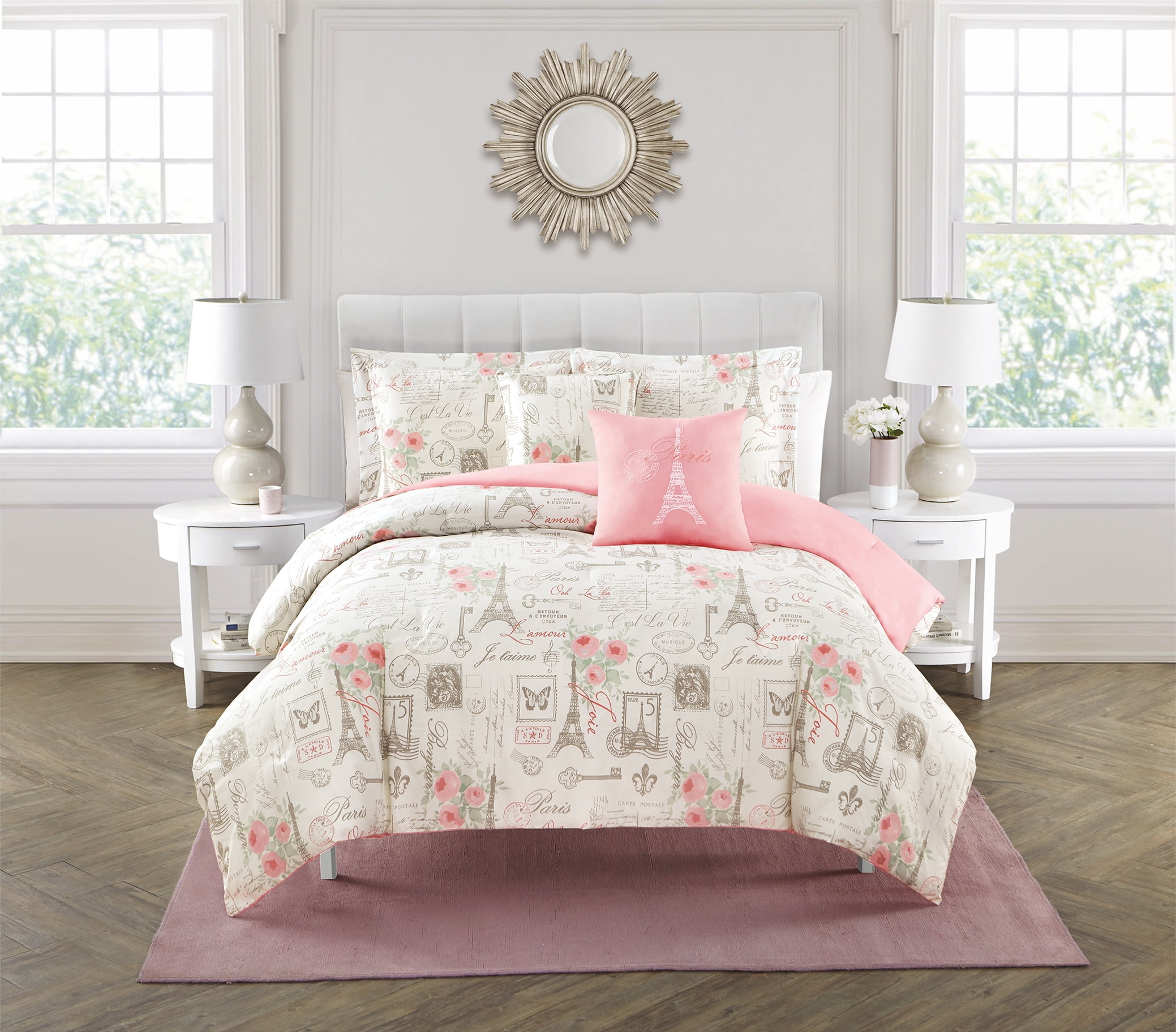 Full Pink Microfiber Reversible Parisian Comforter Set
