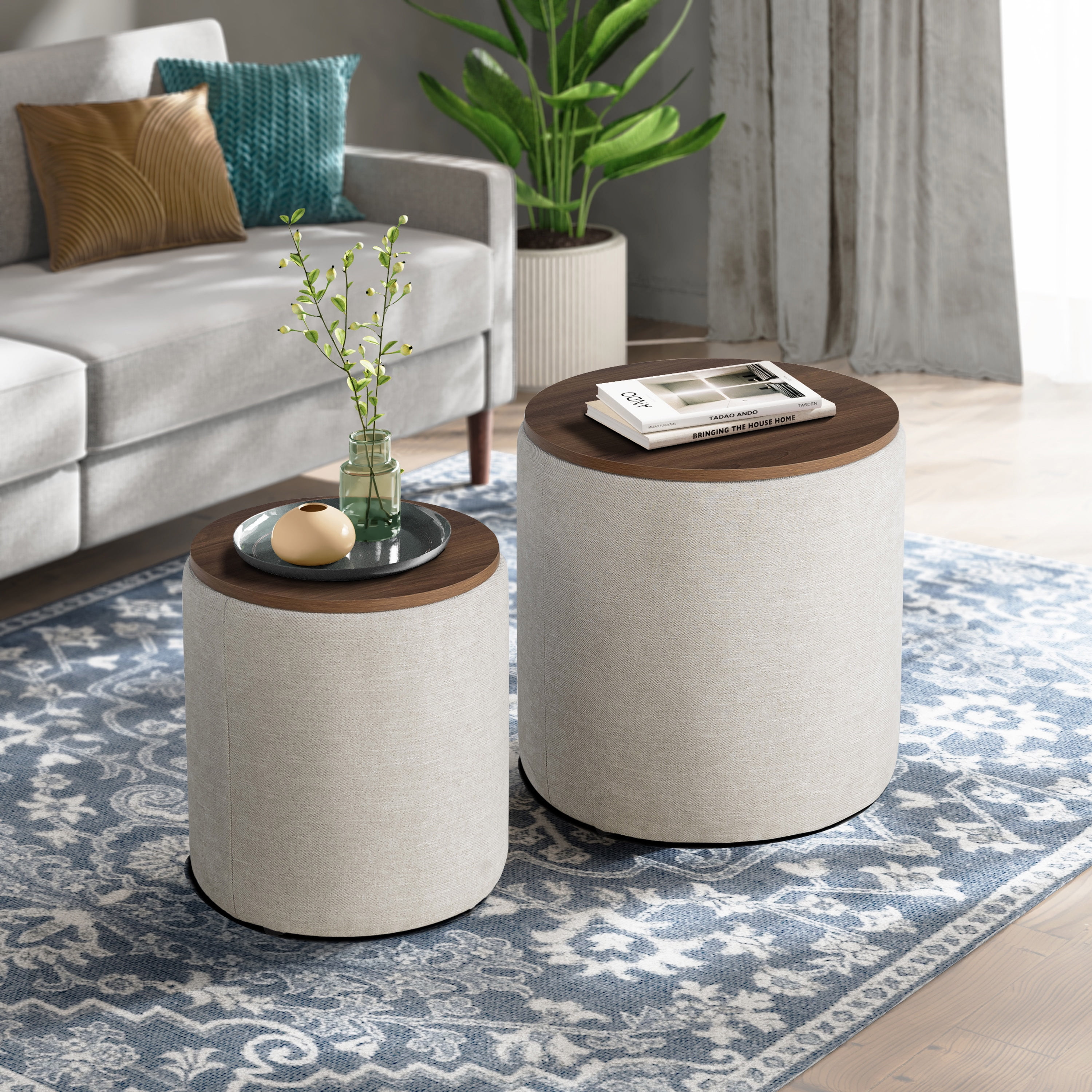 Auckland Round Linen Storage Ottoman Set with Wood Top