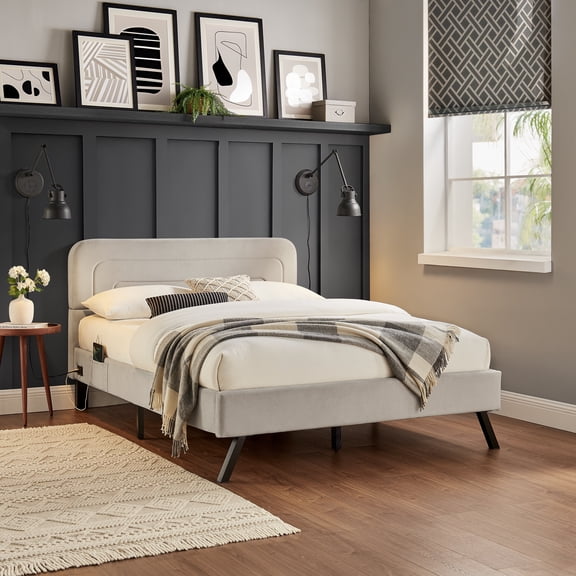 Studio Living Aukland Full Size Upholstered Bed, Light Gray Velvet Fabric