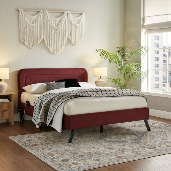 Studio Living Aukland Queen Size Upholstered Bed, Burgundy Velvet Fabric