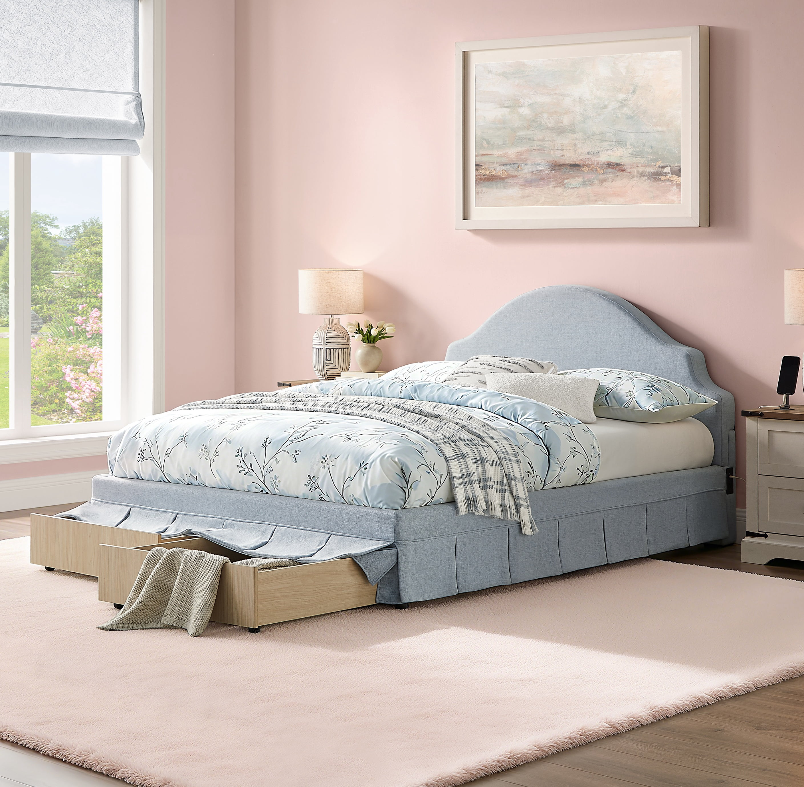 Studio Living Christine Upholstered Storage 39.8" Blue Bed Frame, Queen