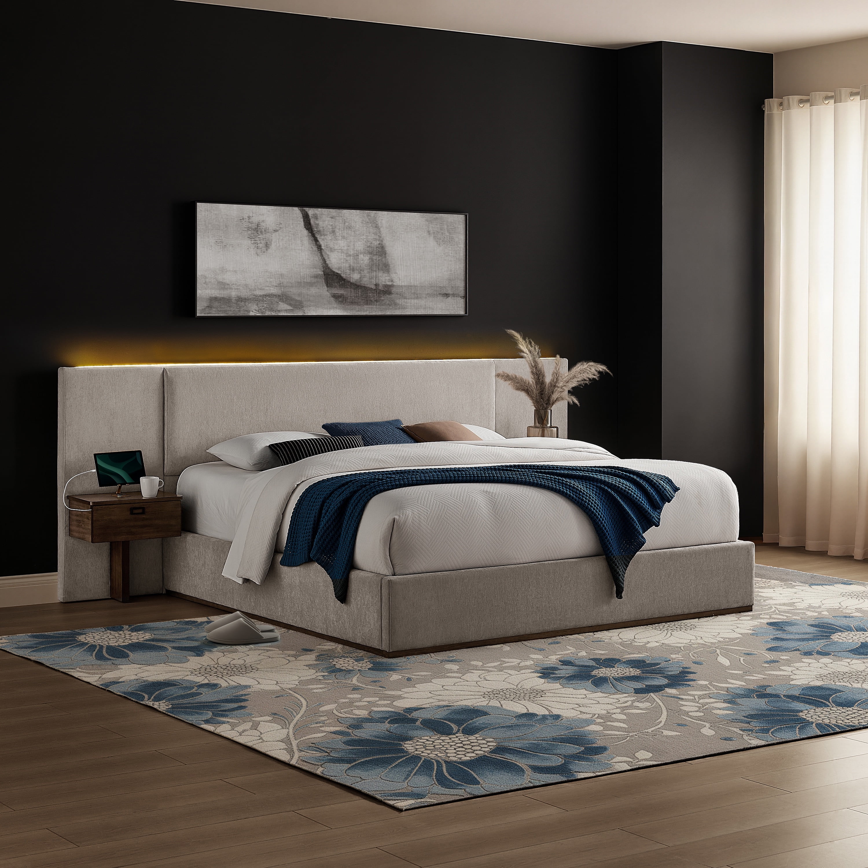Studio Living Dustin Upholstered 42.1" Light Gray Bed Frame with Side Tables, King