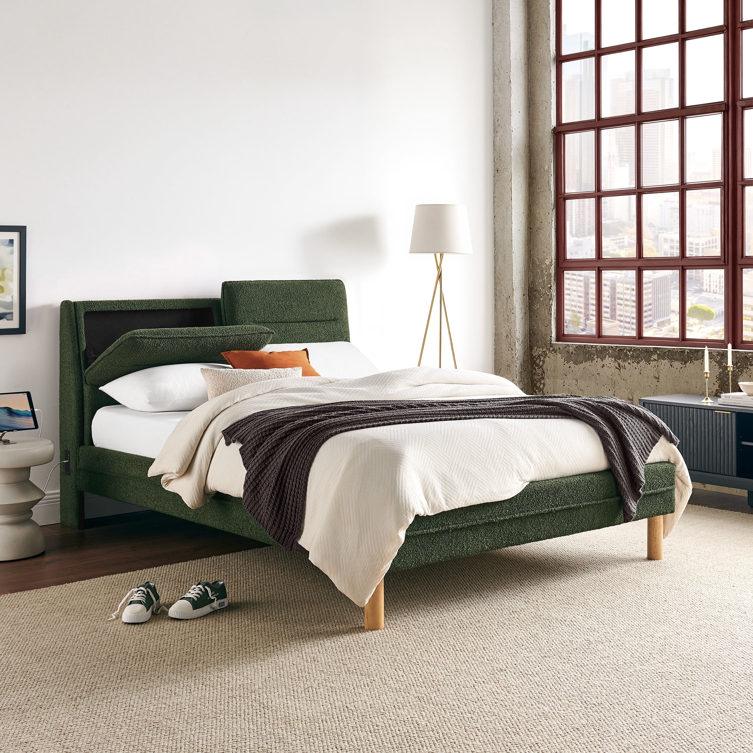 Studio Living Emilia Upholstered Queen Size Bed with Storage Headboard, Green