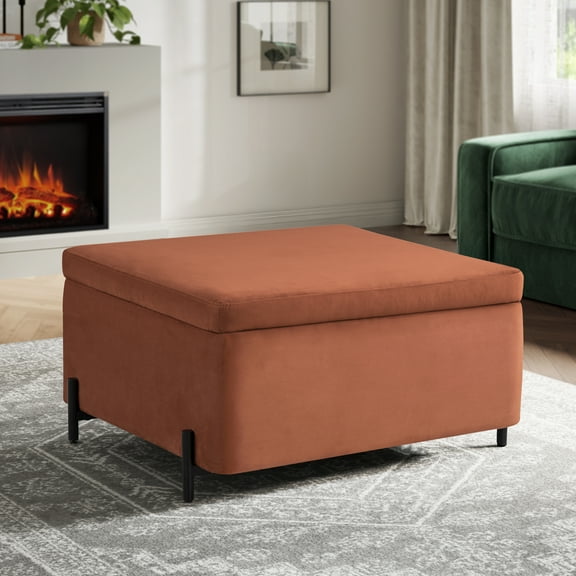 Studio Living Kingston Modern Large Storage Ottoman, Rust Velvet Fabric