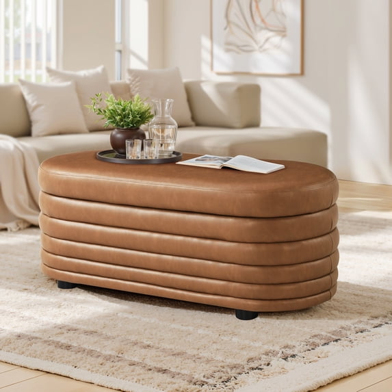 Studio Living Livingston Modern Storage Ottoman, Carmel Faux Leather