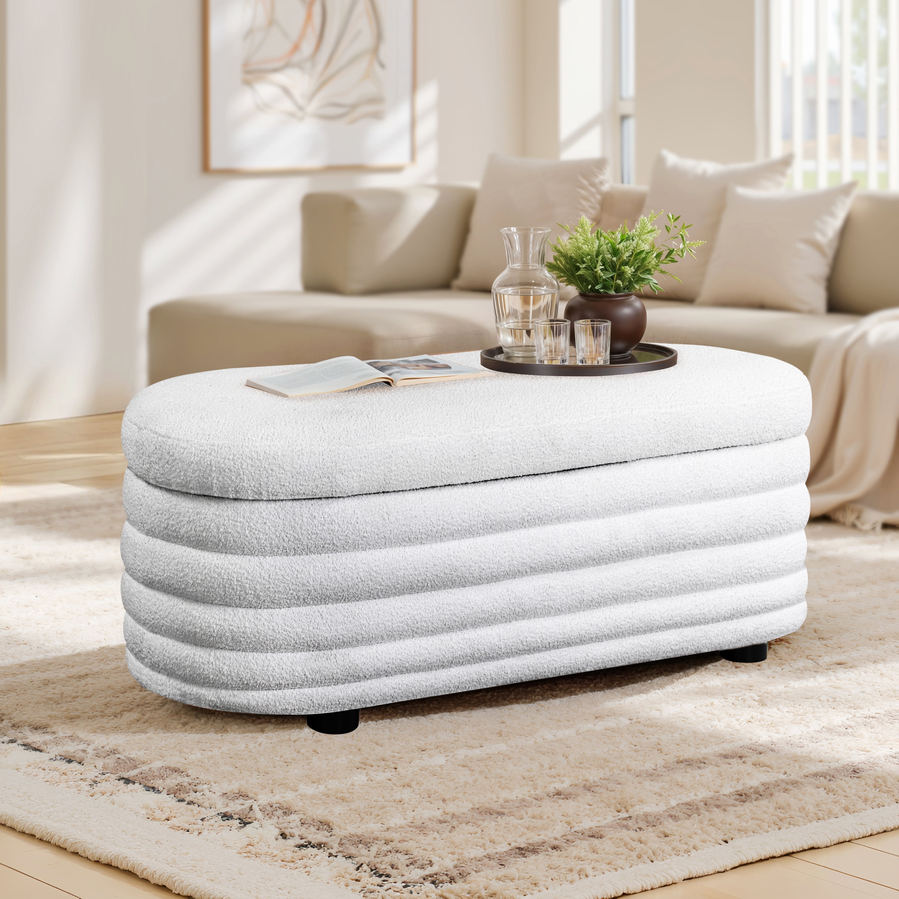Studio Living Livingston Modern Storage Ottoman, White Boucle Fabric