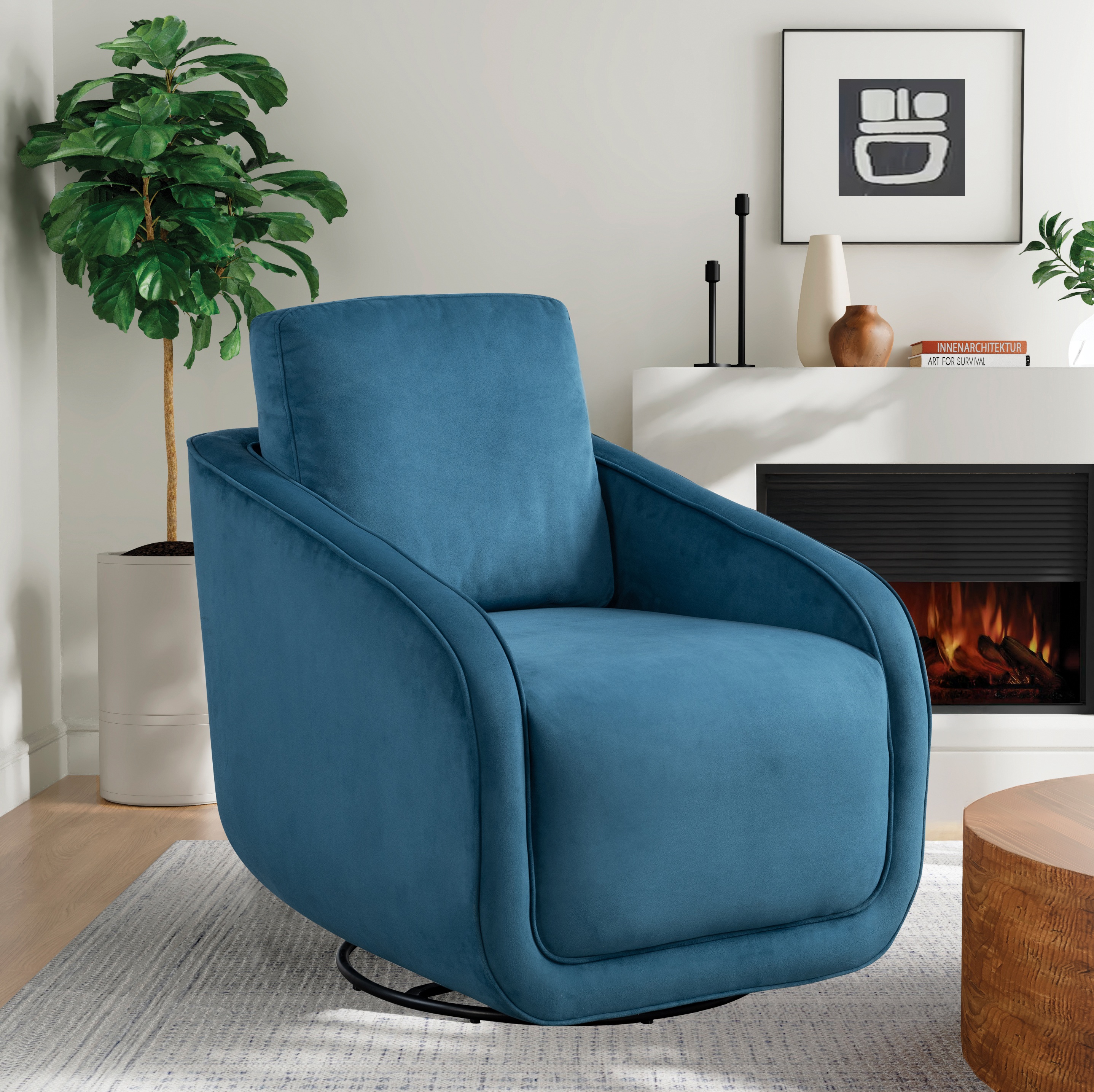 Studio Living Lychford Boho Swivel Accent Chair, Blue Velvet Fabric