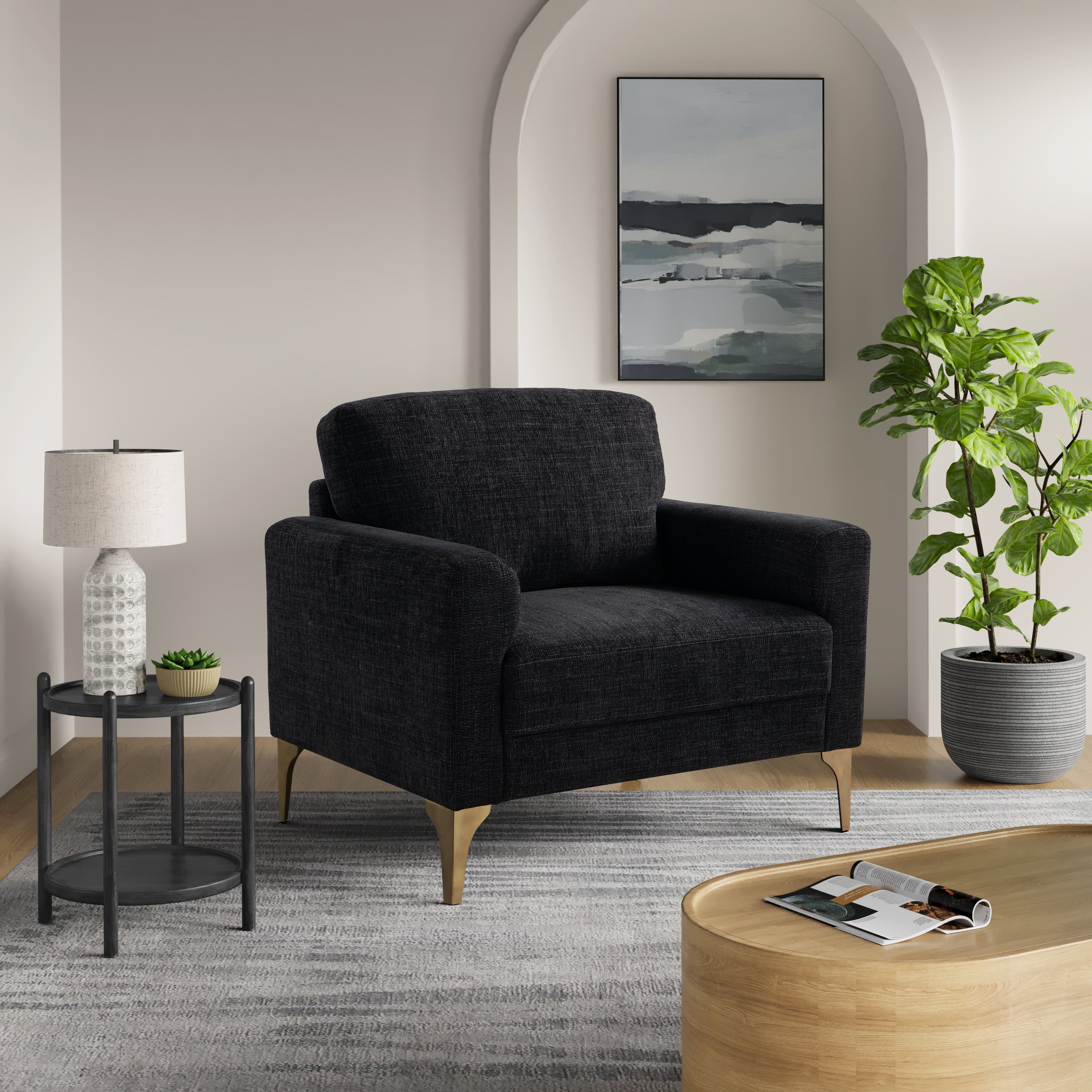 Black and Gold Barrel Accent Chair with Wood Frame